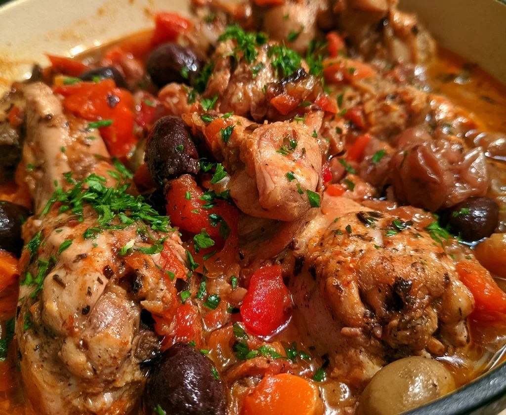 Coniglio in umido con olive e uva, un piatto tradizionale italiano