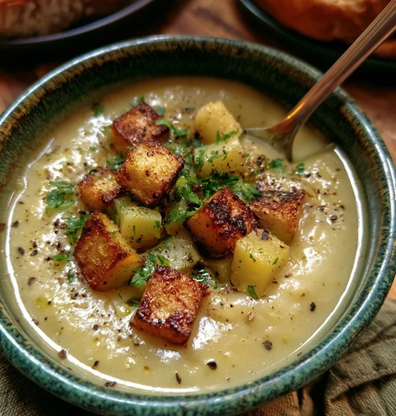 Crema di porri e patate con crostini servita in una ciotola
