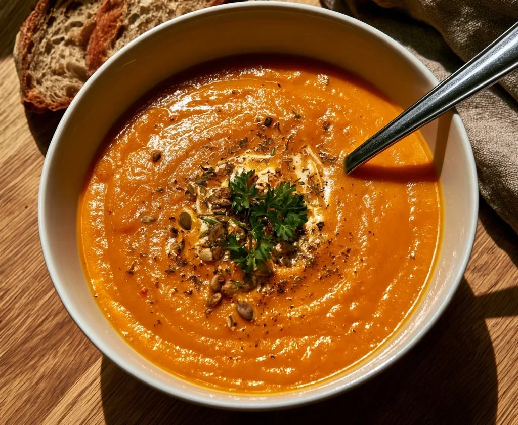 Crema di zucca e carote allo zenzero in un piatto elegante