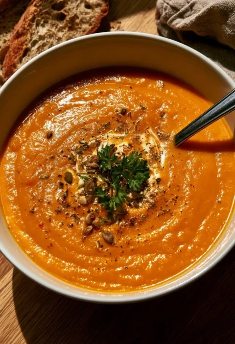 Crema di zucca e carote allo zenzero in un piatto elegante