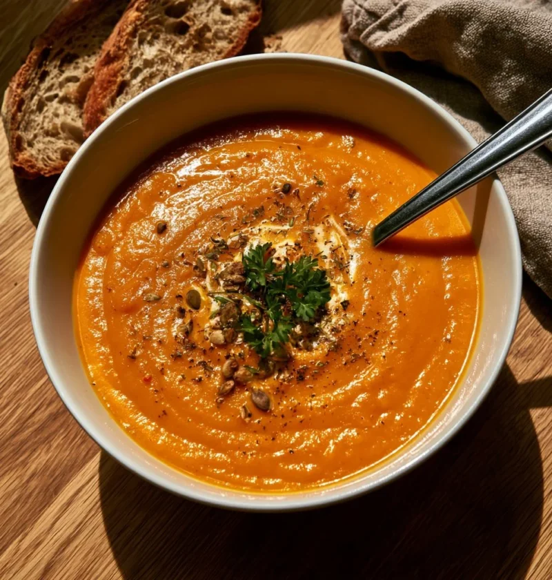 Crema di zucca e carote allo zenzero in un piatto elegante