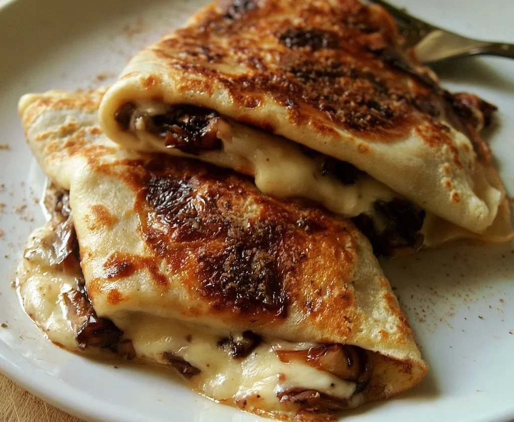 Crêpes con radicchio e taleggio su un piatto bianco gourmet