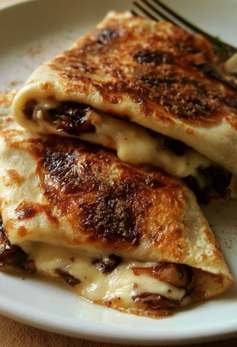 Crêpes con radicchio e taleggio su un piatto bianco gourmet