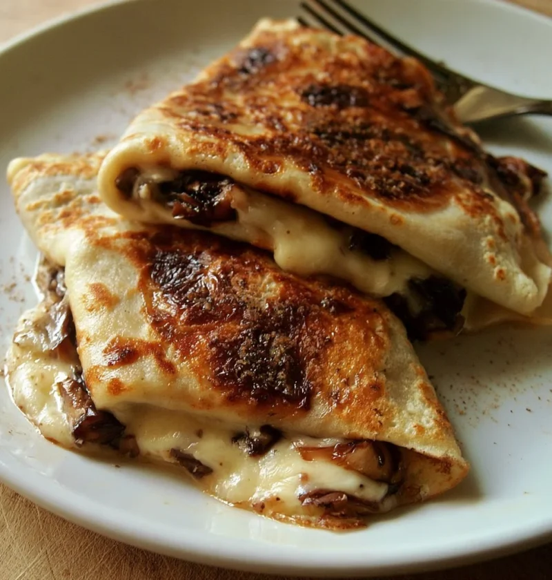 Crêpes con radicchio e taleggio su un piatto bianco gourmet