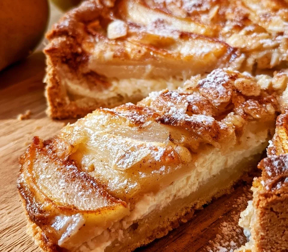 Crostata di pere, ricotta e cannella tagliata a fette con decorazioni di frutta.