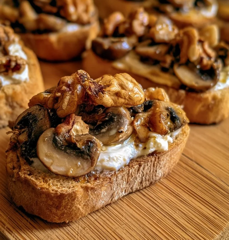 Crostoni con funghi, stracchino e noci serviti su un piatto elegante