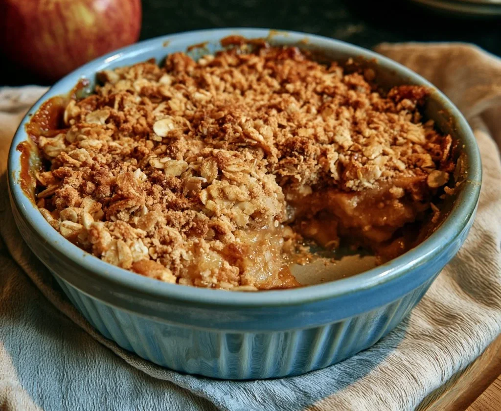 Crumble di mele e avena appena sfornato, con croccantezza dorata.