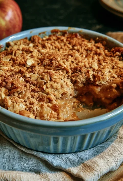 Crumble di mele e avena appena sfornato, con croccantezza dorata.