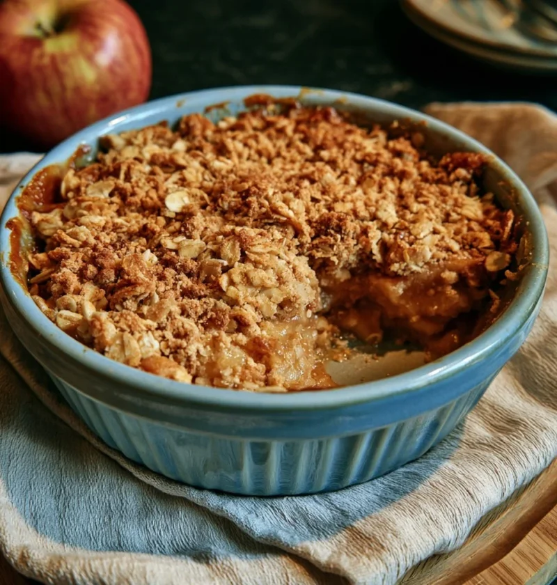 Crumble di mele e avena appena sfornato, con croccantezza dorata.