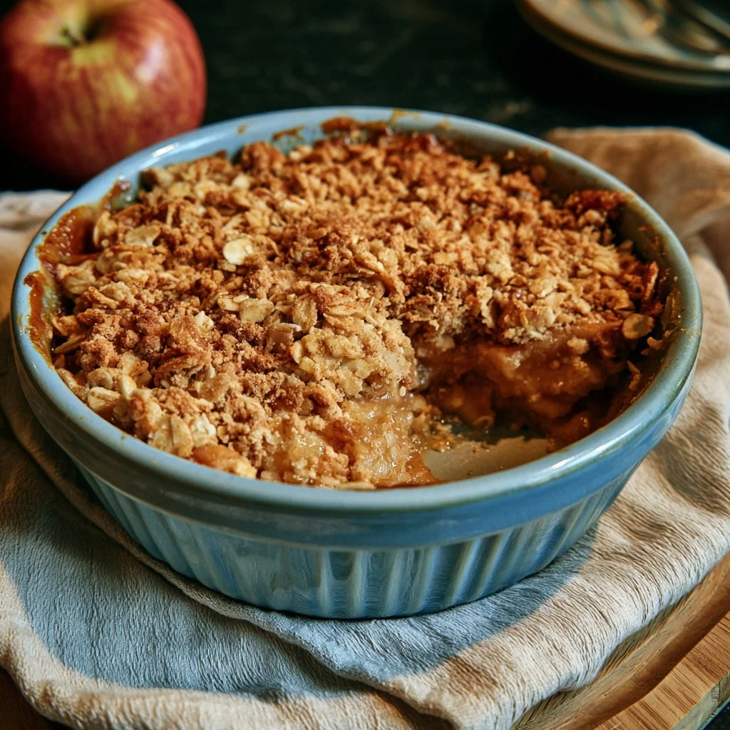 Crumble di mele e avena appena sfornato, con croccantezza dorata.