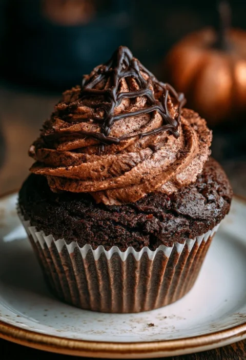 Cupcake al cioccolato con decorazione a ragnatela