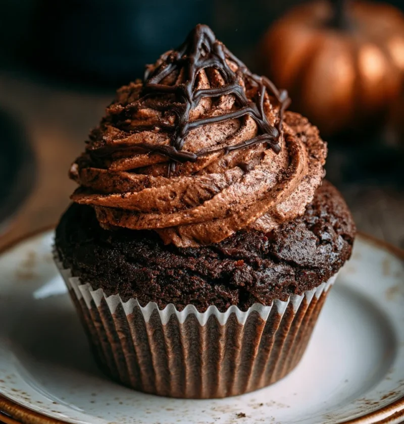 Cupcake al cioccolato con decorazione a ragnatela