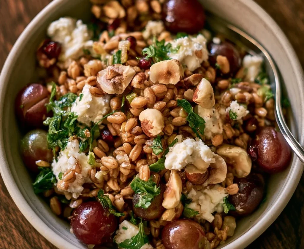 Piatto di farro con uva, formaggio caprino e nocciole