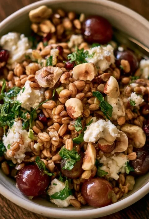 Piatto di farro con uva, formaggio caprino e nocciole