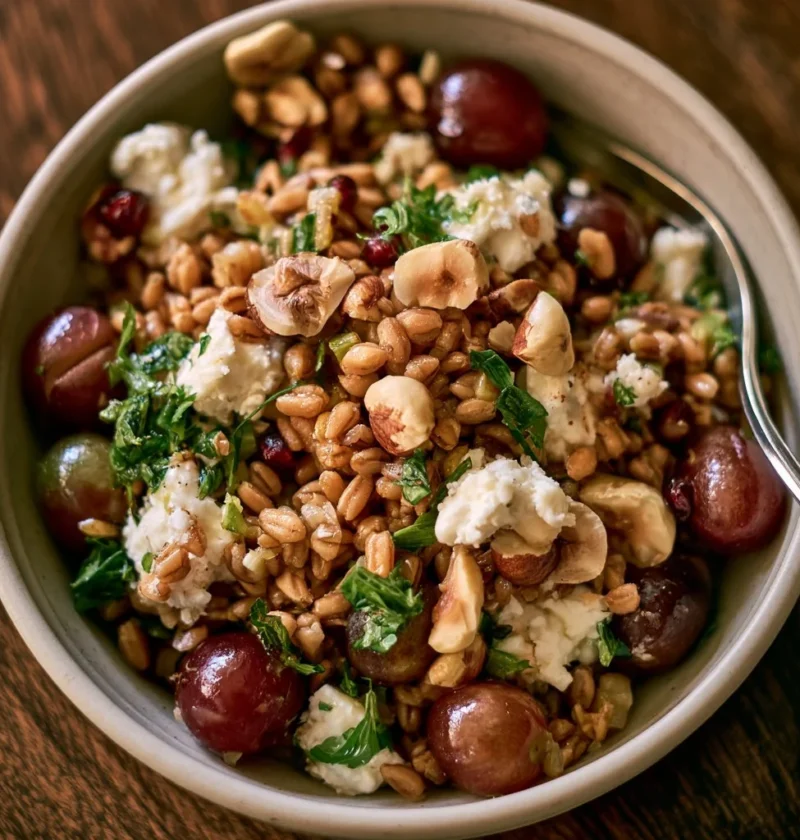 Piatto di farro con uva, formaggio caprino e nocciole