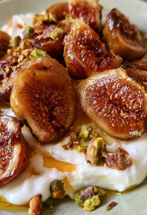 Fichi caramellati serviti con yogurt e pistacchi in un delizioso dessert