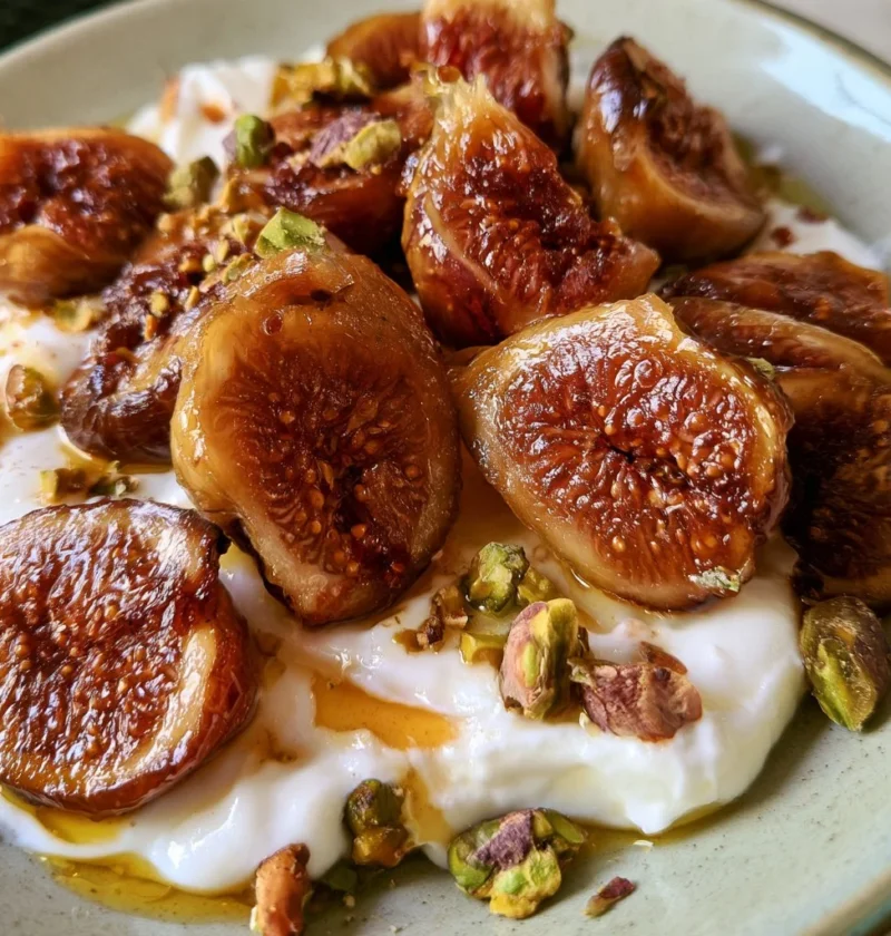 Fichi caramellati serviti con yogurt e pistacchi in un delizioso dessert