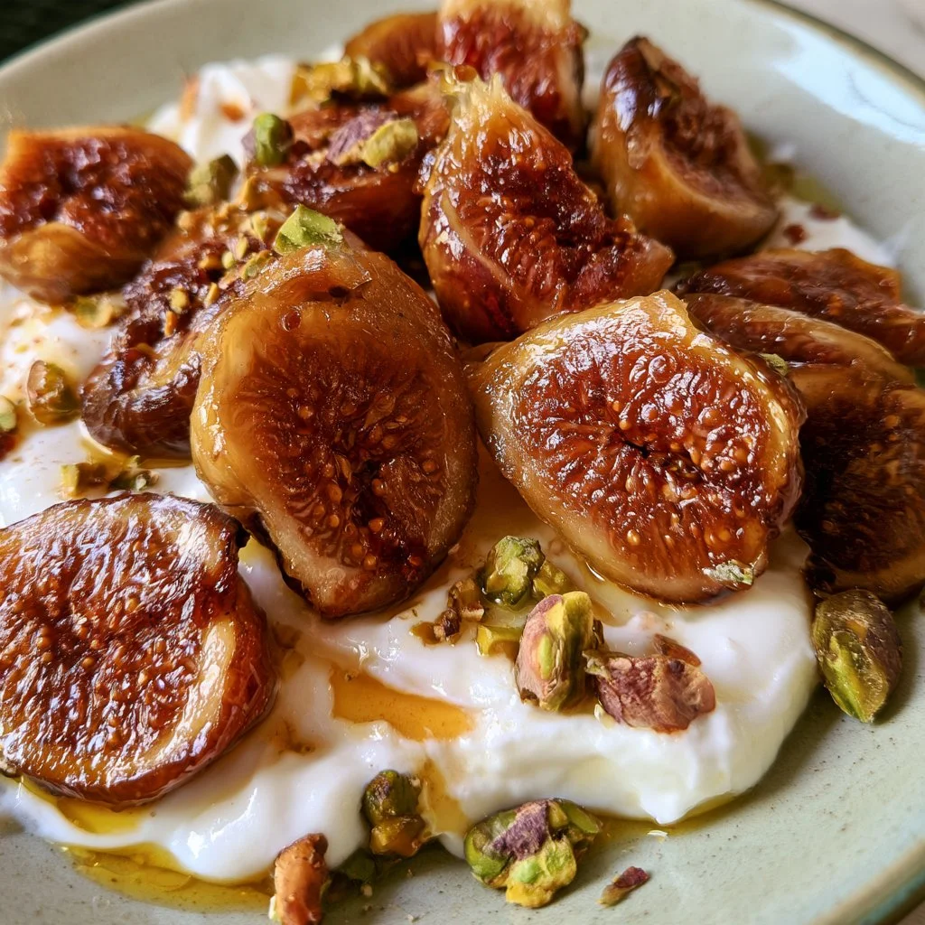 Fichi caramellati serviti con yogurt e pistacchi in un delizioso dessert