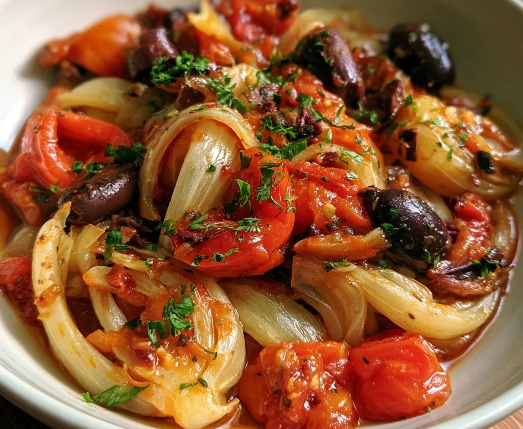 Finocchi brasati con olive e pomodoro serviti su un piatto.