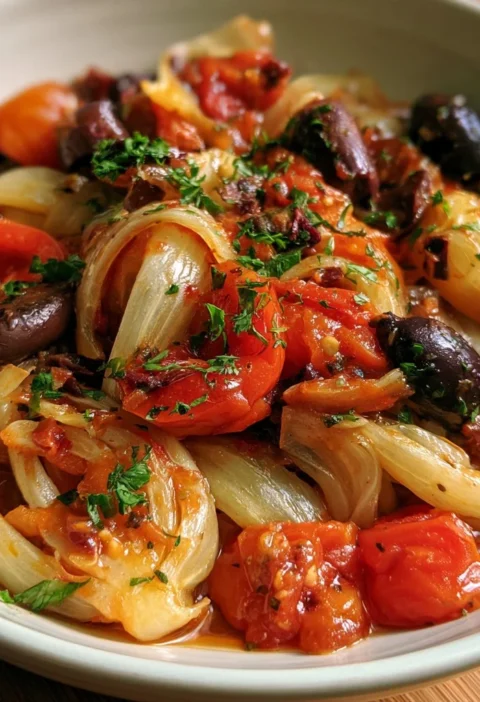 Finocchi brasati con olive e pomodoro serviti su un piatto.