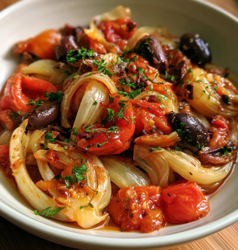 Finocchi brasati con olive e pomodoro serviti su un piatto.