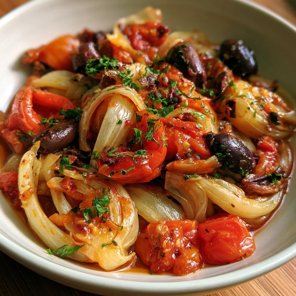 Finocchi brasati con olive e pomodoro serviti su un piatto.