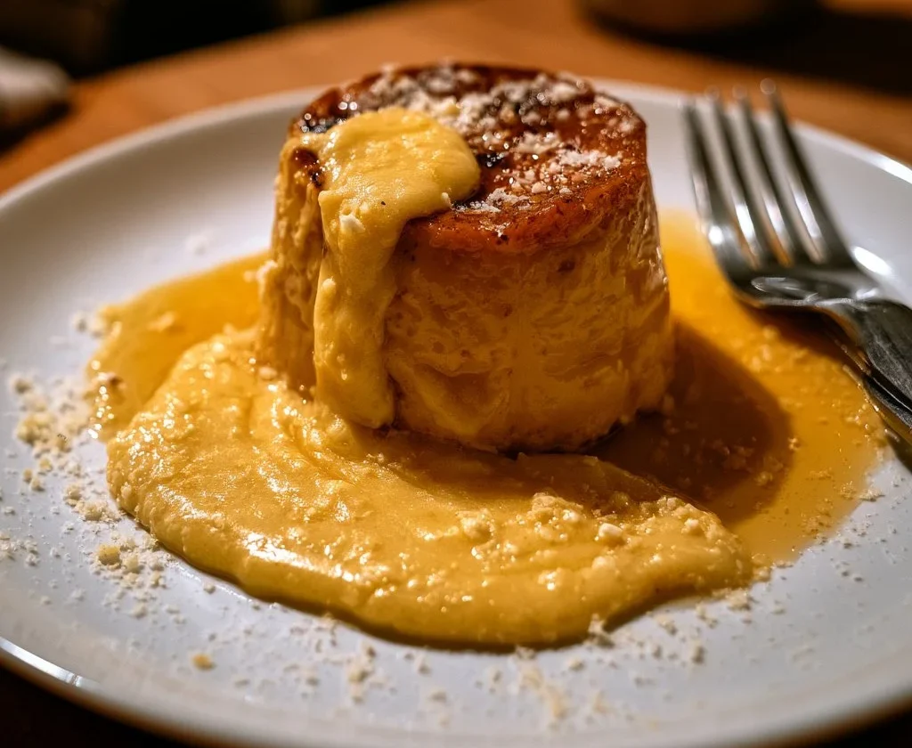 Flan di zucca con fonduta di parmigiano servito su un piatto elegante