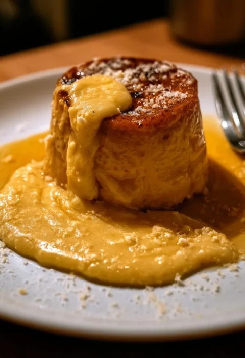 Flan di zucca con fonduta di parmigiano servito su un piatto elegante