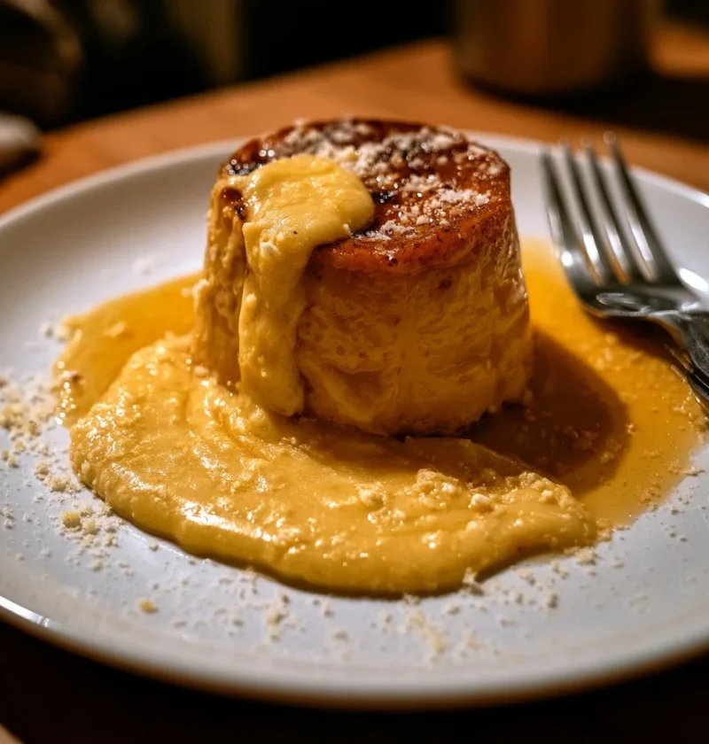 Flan di zucca con fonduta di parmigiano servito su un piatto elegante