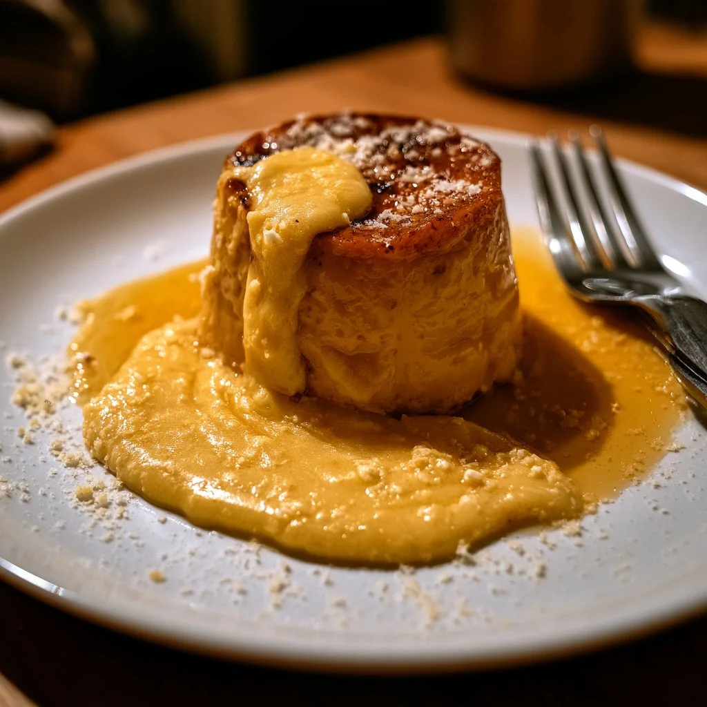 Flan di zucca con fonduta di parmigiano servito su un piatto elegante