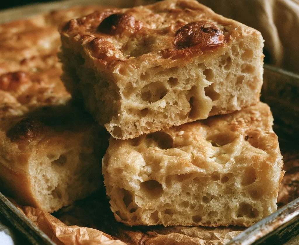 Focaccia genovese fresco e dorato con rosmarino e sale grosso.