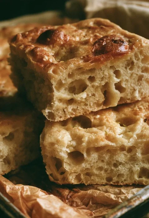 Focaccia genovese fresco e dorato con rosmarino e sale grosso.