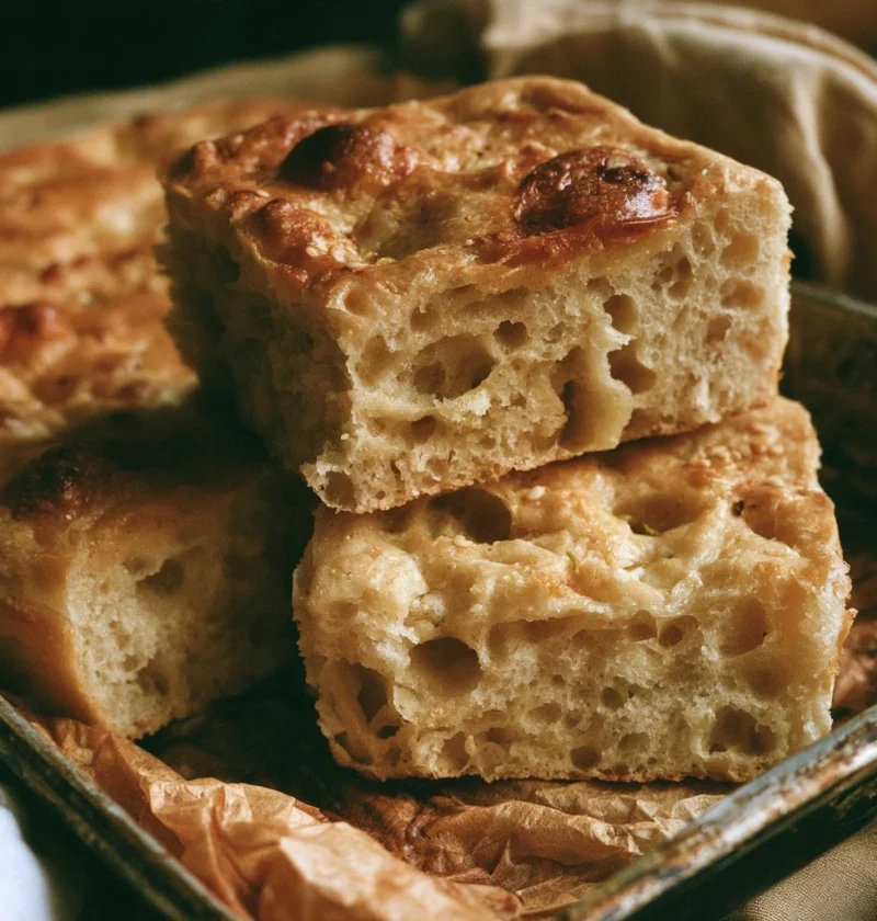 Focaccia genovese fresco e dorato con rosmarino e sale grosso.