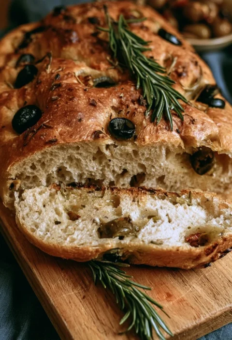 Focaccia ragnatela cotta con olive e rosmarino, ideale per antipasti