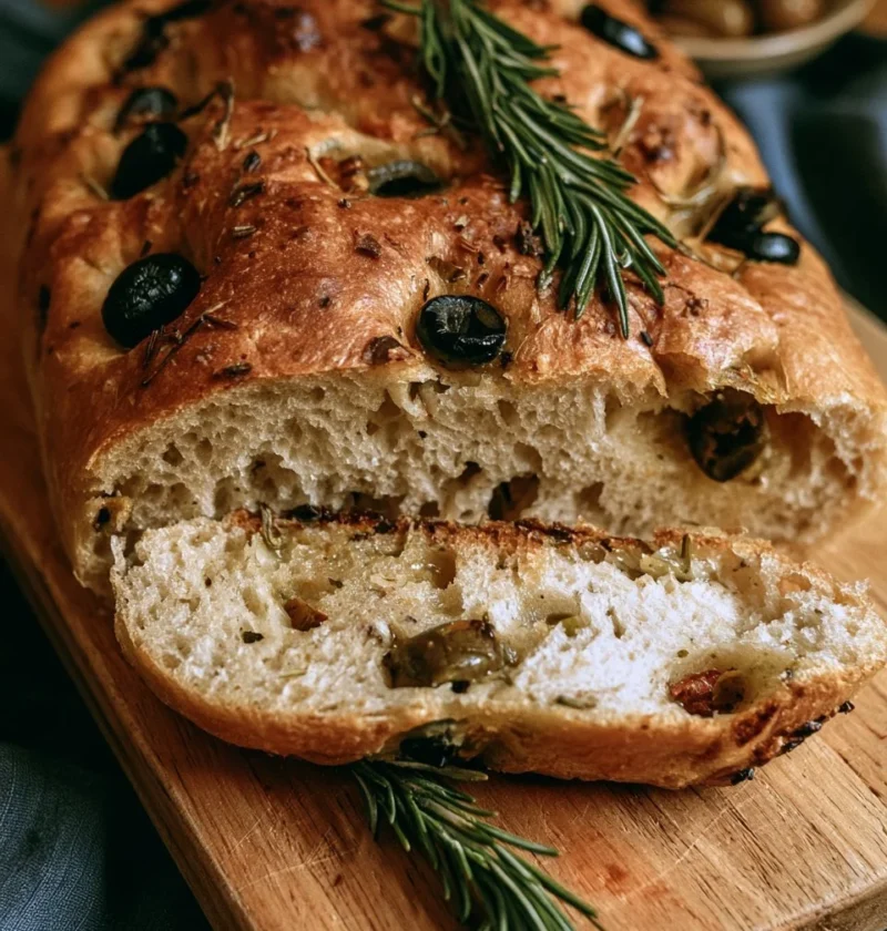 Focaccia ragnatela cotta con olive e rosmarino, ideale per antipasti