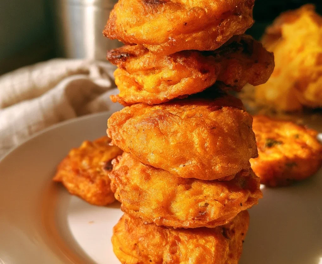 Frittelle di zucca salate servite su un piatto bianco