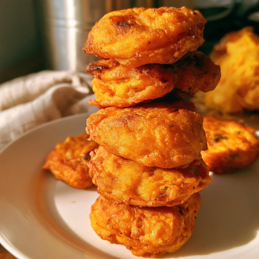 Frittelle di zucca salate servite su un piatto bianco