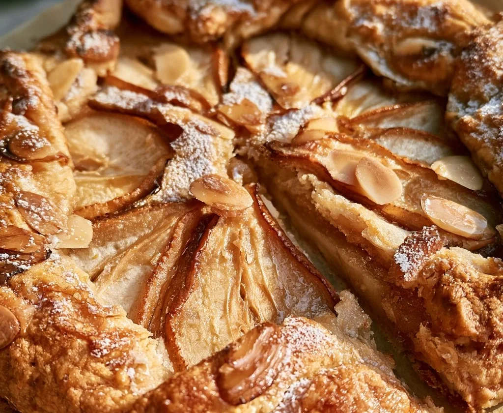 Galette di pere e mandorle con una crosta dorata e ripieno succulento.