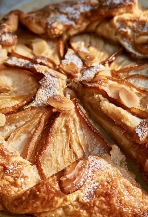 Galette di pere e mandorle con una crosta dorata e ripieno succulento.
