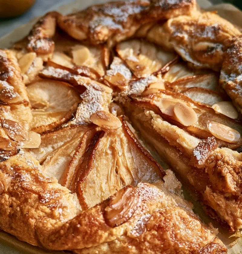 Galette di pere e mandorle con una crosta dorata e ripieno succulento.