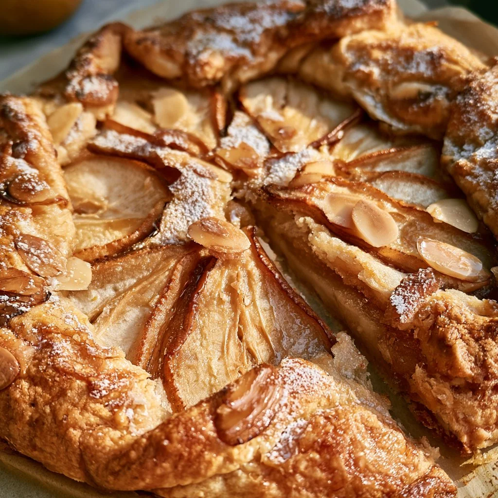 Galette di pere e mandorle con una crosta dorata e ripieno succulento.