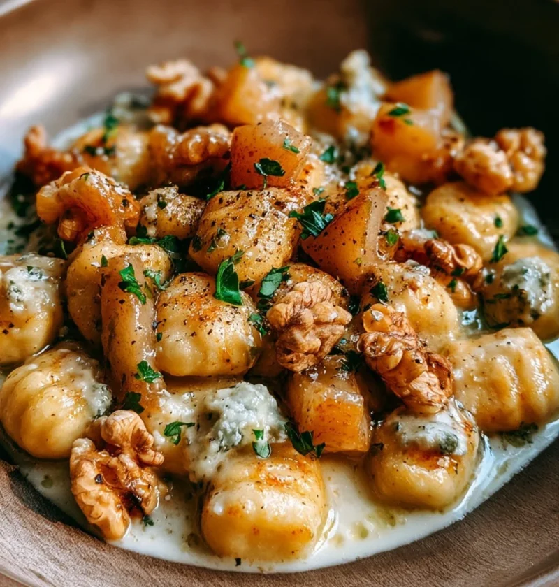 Piatto di gnocchi al gorgonzola con pere e noci, ricoperto da salsa cremosa