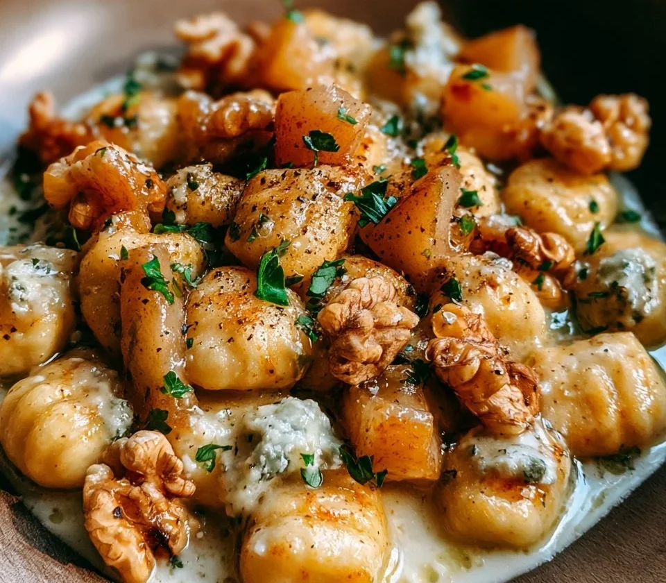 Piatto di gnocchi al gorgonzola con pere e noci, ricoperto da salsa cremosa