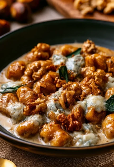 Piatto di gnocchi di castagne con gorgonzola e noci, gustoso e ricco di sapori.