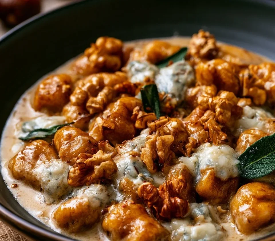 Piatto di gnocchi di castagne con gorgonzola e noci, gustoso e ricco di sapori.