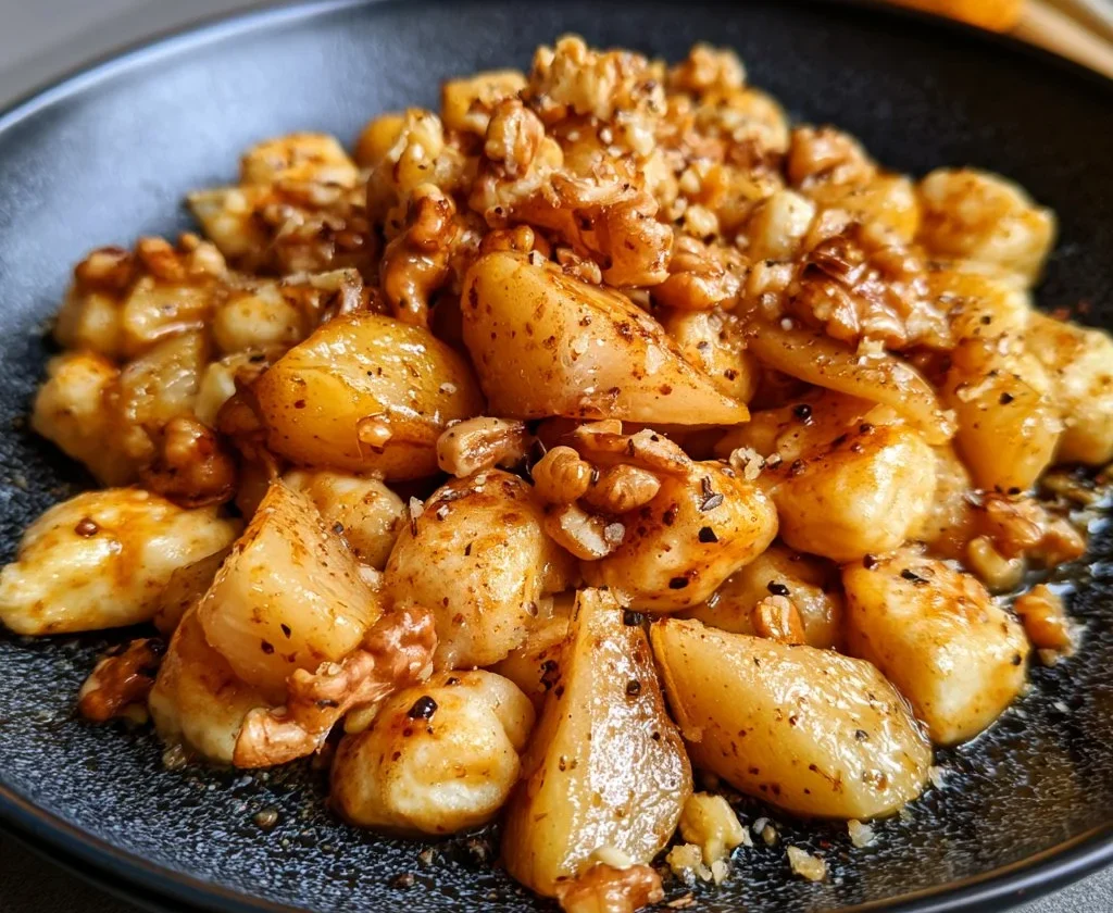 Gnocchi di ricotta con pere e noci serviti in un piatto elegante.