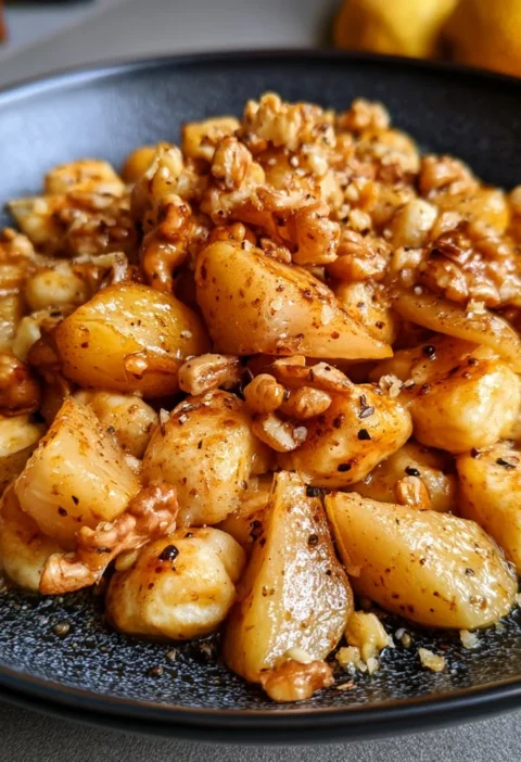 Gnocchi di ricotta con pere e noci serviti in un piatto elegante.