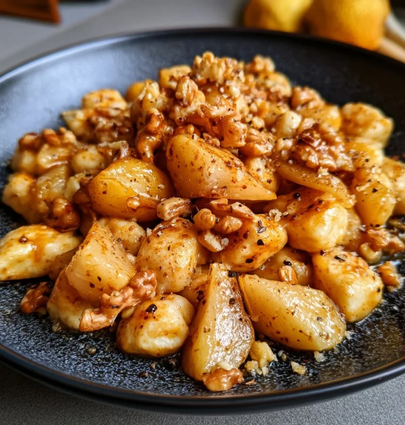 Gnocchi di ricotta con pere e noci serviti in un piatto elegante.