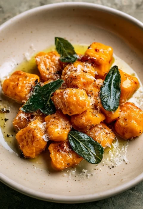 Gnocchi di zucca al burro e salvia serviti con foglie di salvia fresche.