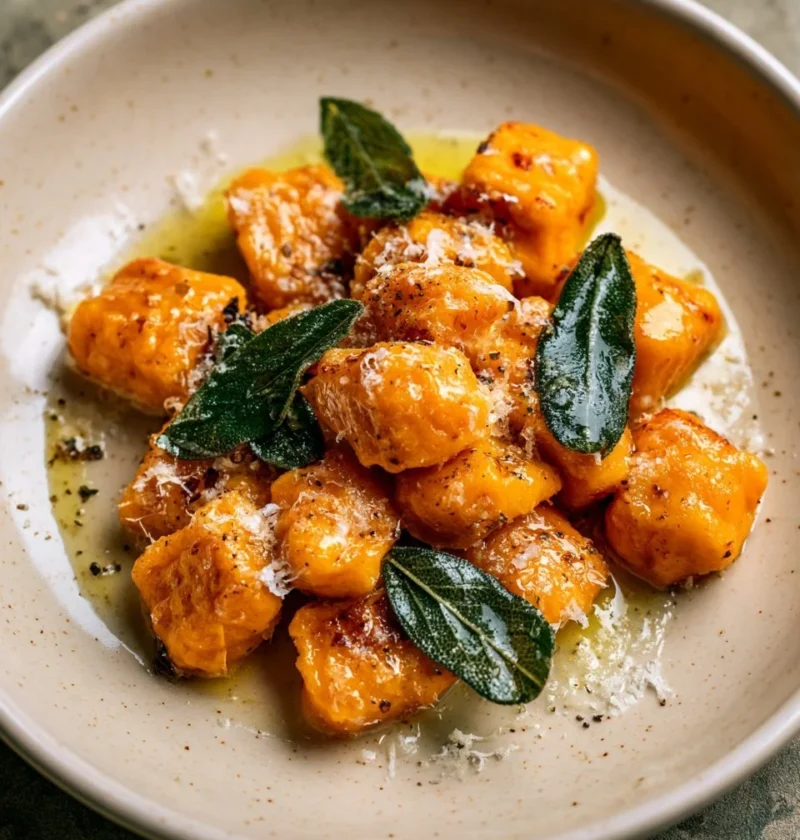 Gnocchi di zucca al burro e salvia serviti con foglie di salvia fresche.